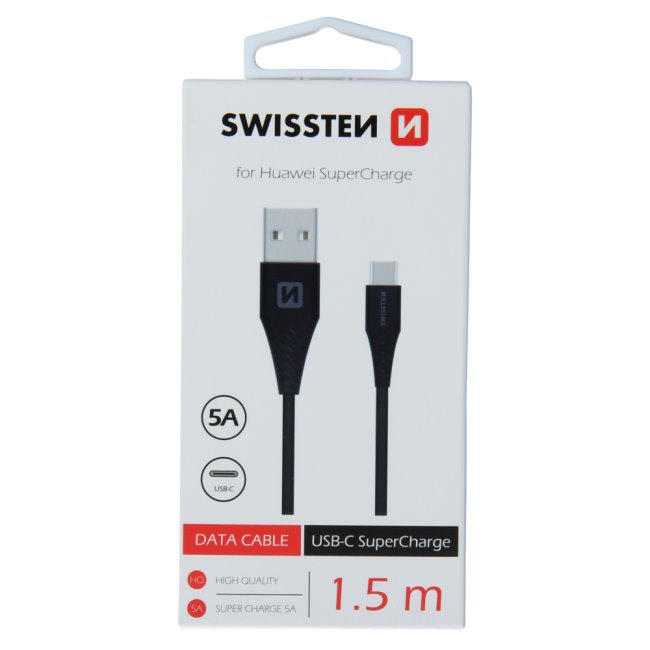 Adatkábel Swissten USB / USB-C 1,5 M és szupergyors töltés támogatással 5A, fekete