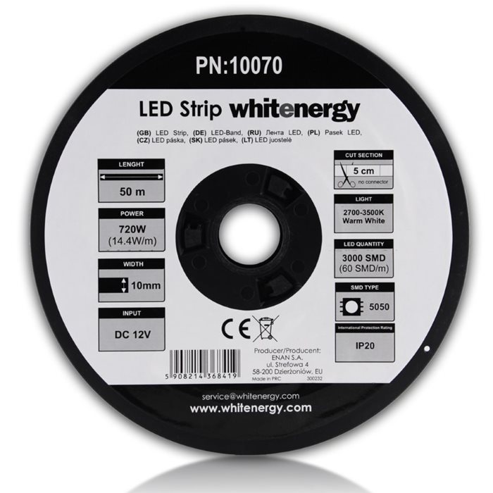 LED szalag WhiteEnergy 50m SMD5050 14.4W/ m 10mm, Meleg fehér