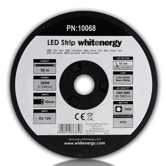 LED szalag WhiteEnergy 50m SMD5050 7.2W/ m 10mm, Meleg fehér