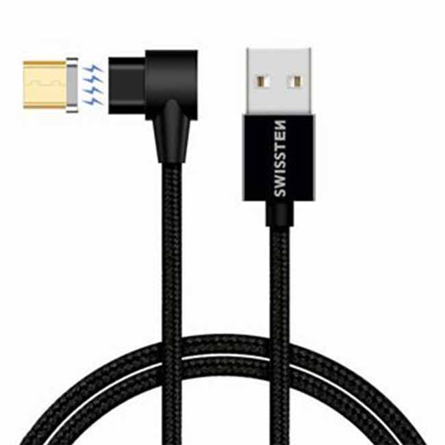 Mágneses adatkábel Swissten Arcade textil Micro USB konektorral, gyorstöltés támogatással, fekete