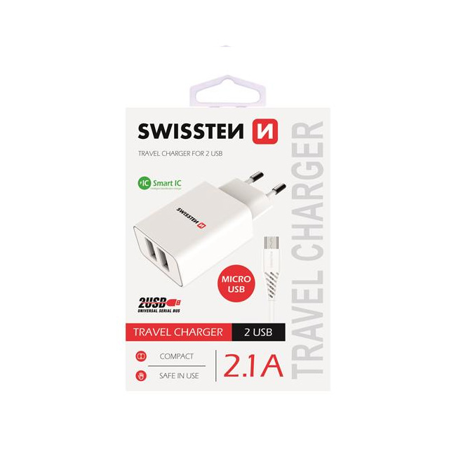 Töltő Swissten Smart IC 2.1A s 2 USB konektorral és adatkábellel USB/Micro USB, 1,2m, fehér