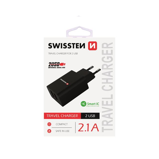 Töltő Swissten Smart IC 2.1A 2 USB konektorral, fekete