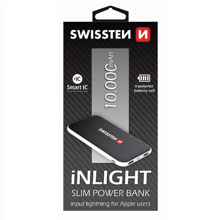 Powerbank Swissten Slim 10000 mAh lightning töltő bemenet, fekete