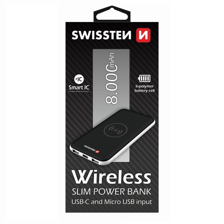 Powerbank Swissten Slim 8000 mAh vezeték nélküli töltéssel és USB-C bemenettel, fekete
