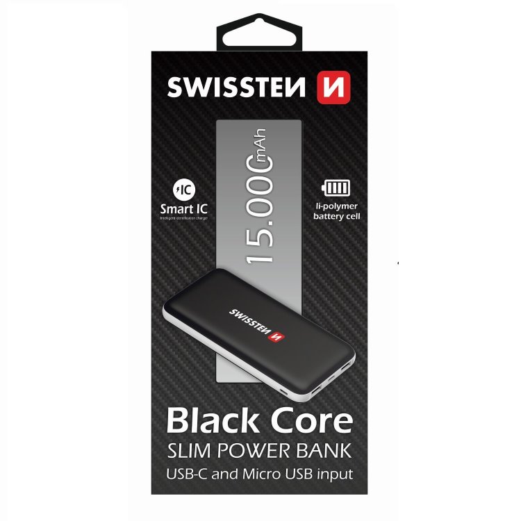 Powerbank Swissten Slim Black Core 15000 mAh USB-C bemenettel és intelligens töltéssel, fekete