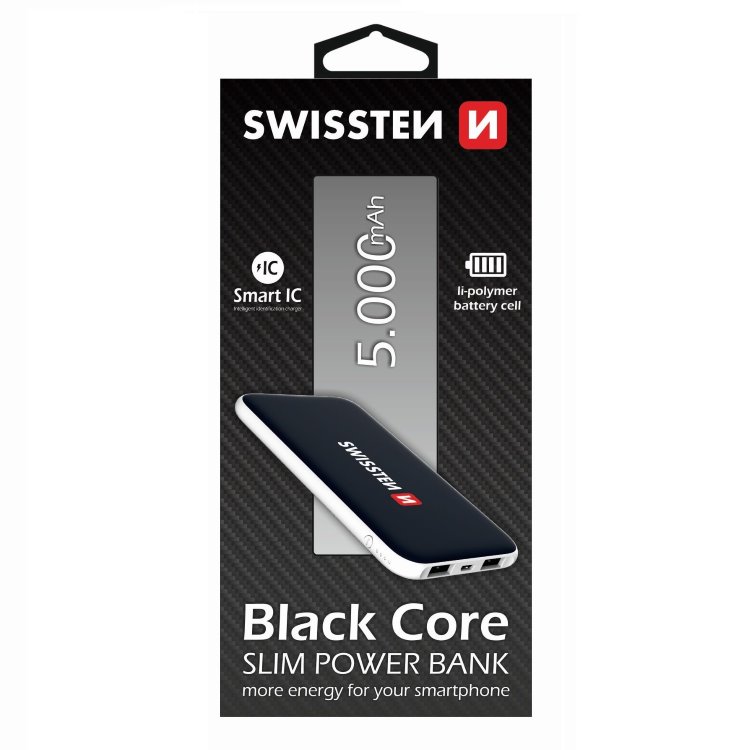 Powerbank Swissten Slim Black Core 5000 mAh intelligens töltéssel, fekete