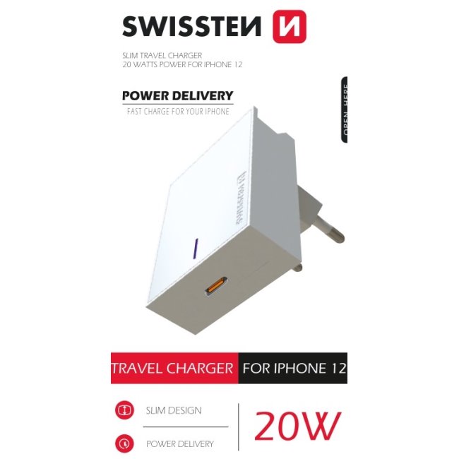 Gyorstöltő Swissten Power Delivery 20W  1x USB-C  iPhone 12, fehér