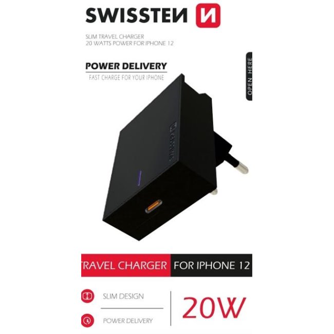 Gyorstöltő Swissten Power Delivery 20W  1x USB-C  iPhone 12, fekete