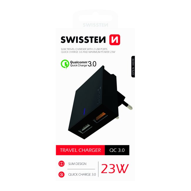 Gyorstöltés Swissten Qualcomm töltő 3.0 s 2 USB konektorral, 23W, fekete