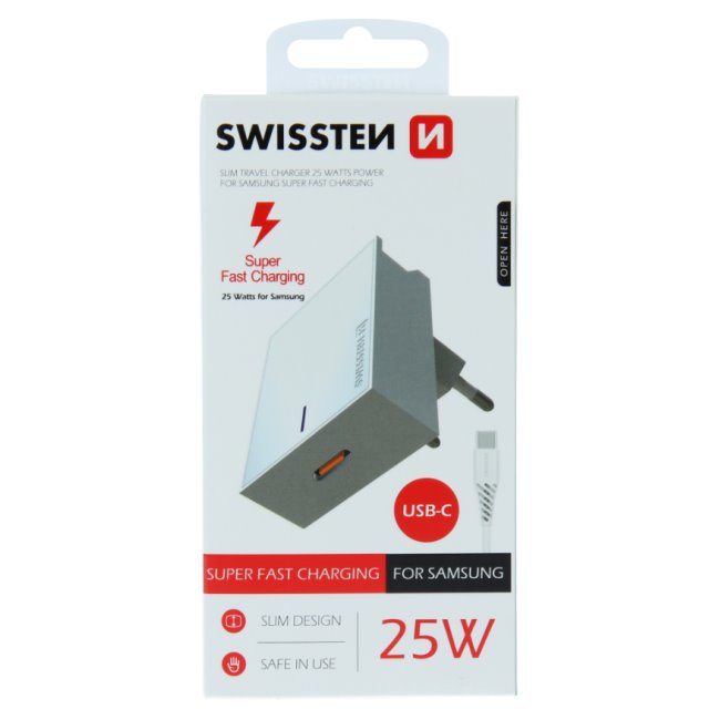 Gyorstöltő Swissten Samsung Super Fast Charging 25 W + kábel USB-C/USB-C 1,2 m, fehér