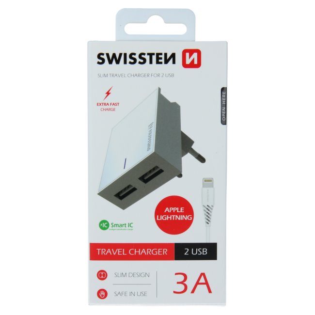 Gyorstöltés Swissten Smart IC 3.A s 2 USB konektorral + Adatkábel USB / Lightning 1,2 m, fehér