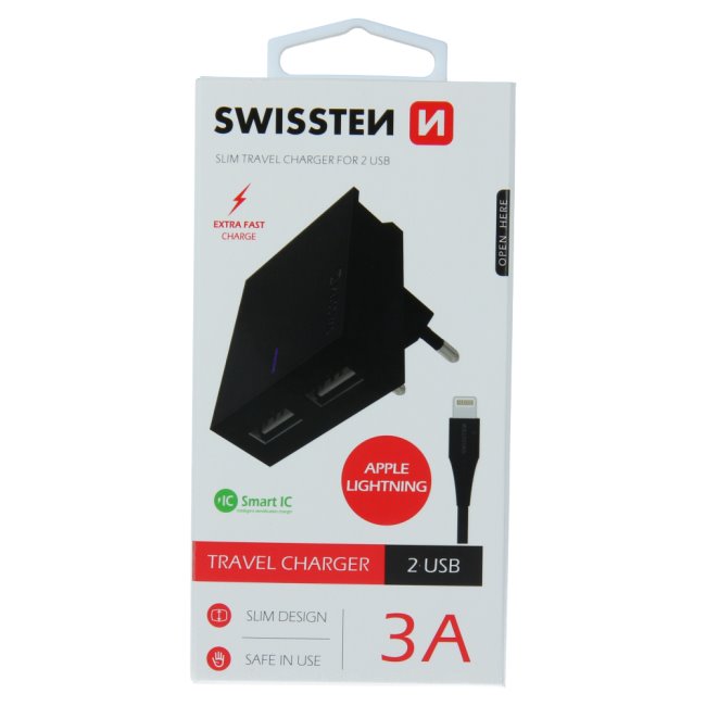 Gyorstöltés Swissten Smart IC 3.A s 2 USB konektorral + Adatkábel USB / Lightning 1,2 m, fekete