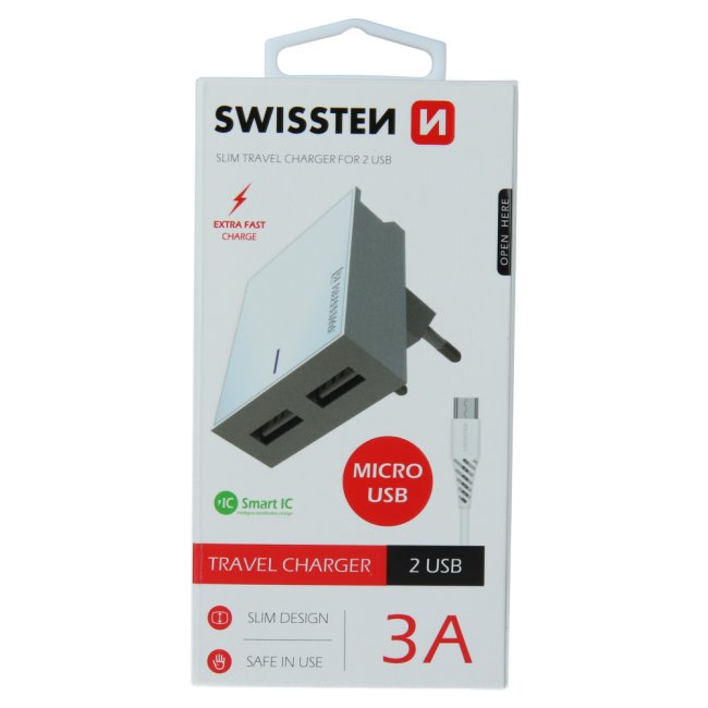 Gyorstöltő Swissten Smart IC 3.A s 2 USB konektorral + Adatkábel USB / Micro USB 1,2 m, fehér
