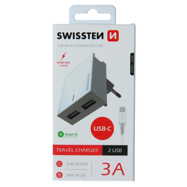 Gyorstöltő Swissten Smart IC 3.A s 2 USB konektorral + Adatkábel USB / USB-C 1,2 m, fehér