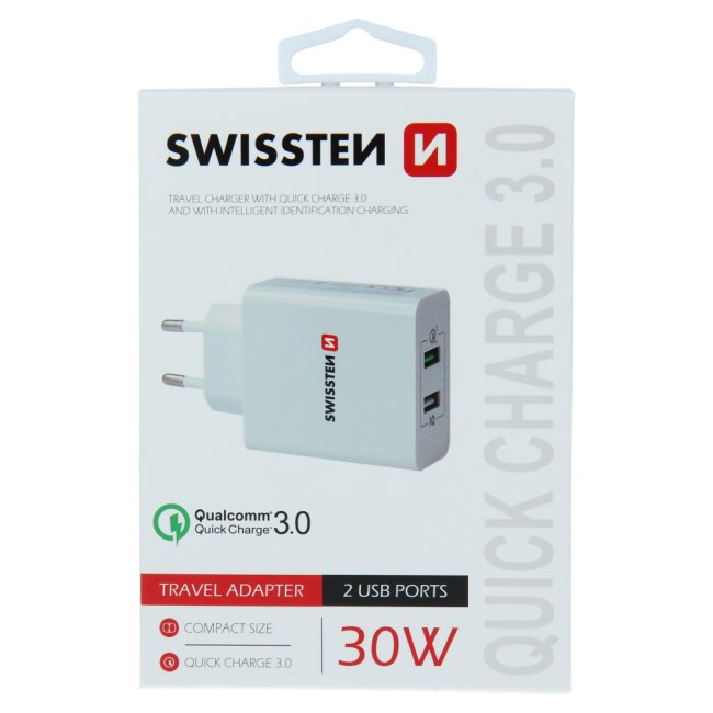 Gyorstöltő Swissten Smart IC 30W QuickCharge 3.0, 2 USB konnektorral, fehér