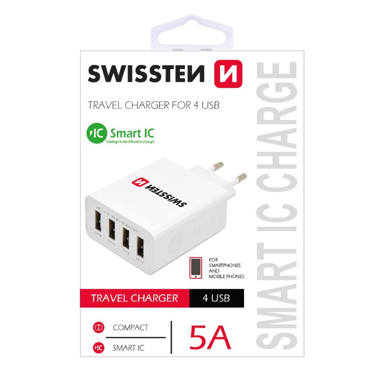 Gyorstöltő Swissten Smart IC 5A 4 USB konnektorral, fehér