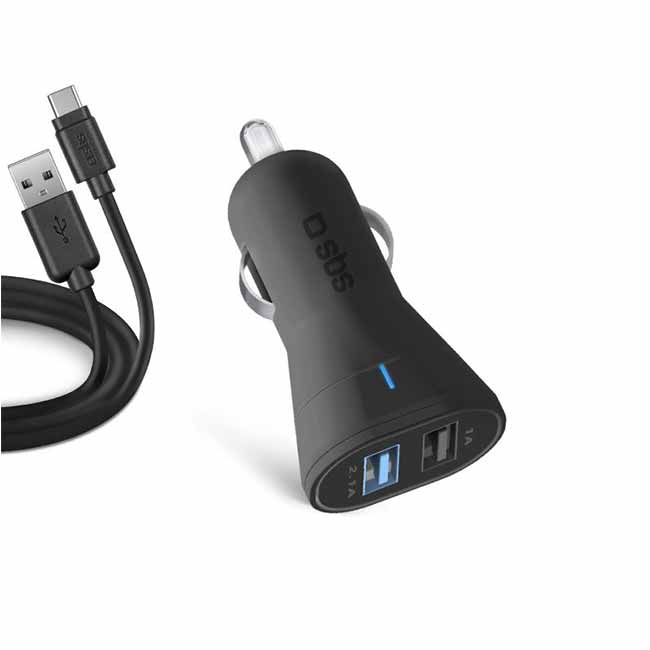 SBS car charger 2xUSB/USB-C, 1m, 2,1A, black