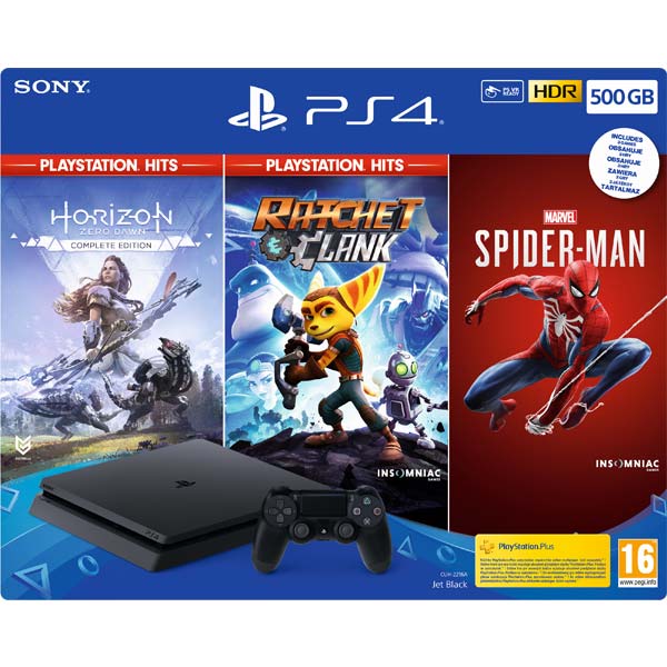 Sony PlayStation 4 Slim 500GB, jet black + Horizon: Zero Dawn (Complete Edition) + Ratchet & Clank + Spider-Man HU