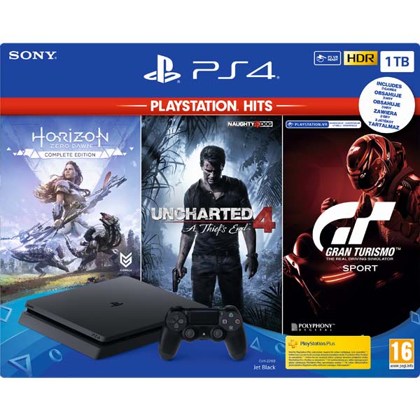 Sony PlayStation 4 Slim 1TB, jet black + Gran Turismo Sport CZ + Uncharted 4: A Thief’s End CZ + Horizon: Zero Dawn