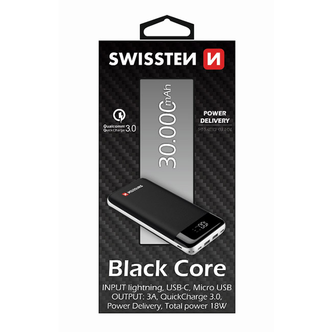 Swissten fekete Core Slim Power Bank 30.000 mAh