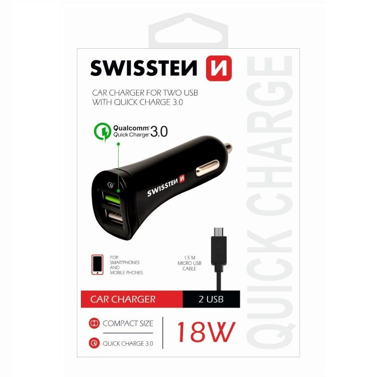Autós töltő Swissten Qualcomm Quick Charge 3.0 támogatás 2x USB konnektorral + Micro-USB kábel