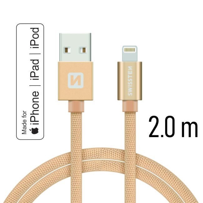Swissten Data Cable Textile USB / Lightning MFI 2 m, gold - OPENBOX (Bontott csomagolás teljes garanciával)