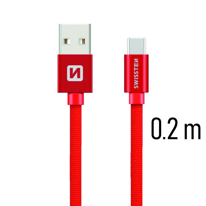 Swissten textil adatkábel USB-C konnektorral és gyorstöltés támogatással, piros