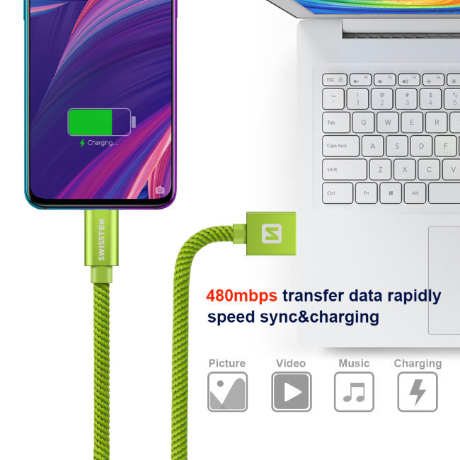 Swissten textil adatkábel USB-C konnektorral, gyorstöltés támogatással, zöld Swissten textil adatkábel USB-C konnektorral, gyorstöltés támogatással, zöld
