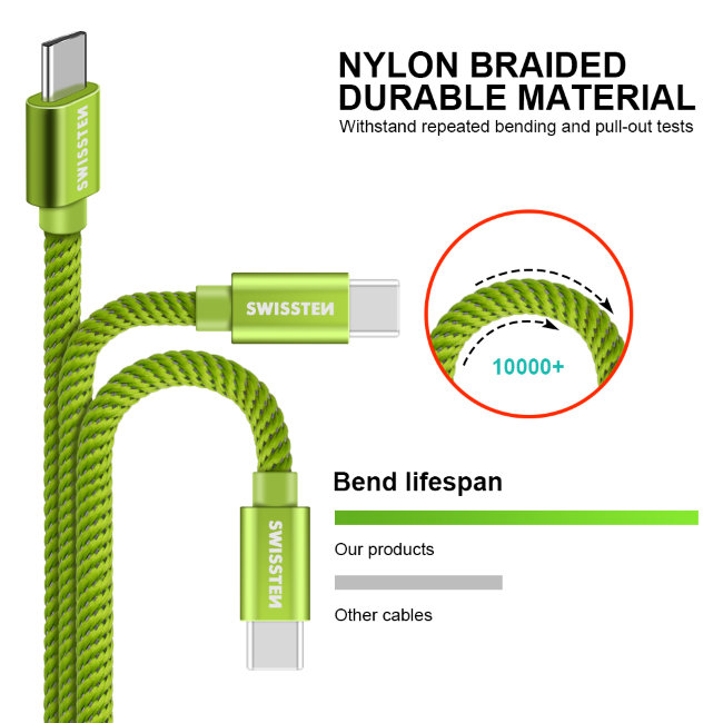 Swissten textil adatkábel USB-C konnektorral, gyorstöltés támogatással, zöld Swissten textil adatkábel USB-C konnektorral, gyorstöltés támogatással, zöld
