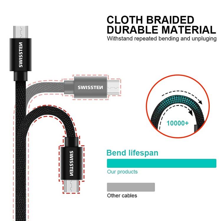 Adatkábel Swissten textil s Micro-USB konektorom és gyorstöltés támogatással, fekete Adatkábel Swissten textil s Micro-USB konektorom és gyorstöltés támogatással, fekete