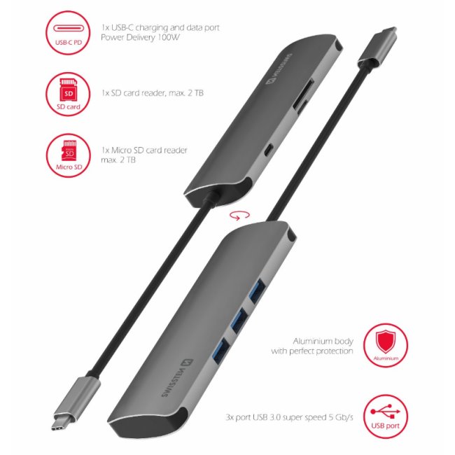 Alumínium USB-C HUB Swissten 6-in-1 (USB-C PD, 3x USB 3.0, SD, MicroSD)