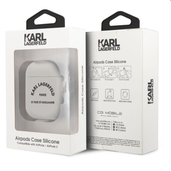 Karl Lagerfeld Rue St Guillaume szilikontok Apple AirPods 1/2 számára, fehér Karl Lagerfeld Rue St Guillaume szilikontok Apple AirPods 1/2 számára, fehér
