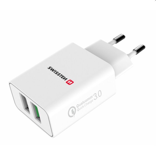 Töltő Swissten 2x USB QC 3.0 + USB 23W, fehér, eco csomagolás