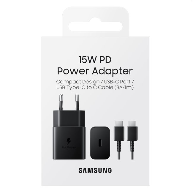 Gyorstöltő Samsung 15W USB-C kábellel, Fekete