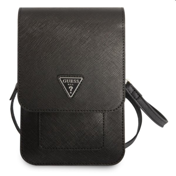 Guess PU Saffiano Triangle Logo Phone Bag, Fekete