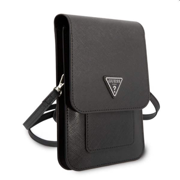 Guess PU Saffiano Triangle Logo Phone Bag, Fekete