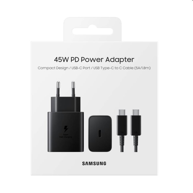 Gyorstöltő Samsung 45W USB-C kábellel, Fekete