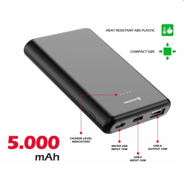 Swissten Power Line Powerbank 5 000 mAh 10W, fekete