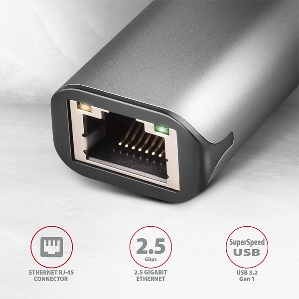 AXAGON ADE-25RC, USB-C 3.2 Gen 1 - 2.5 Gigabit Ethernet hálózati kártya, Realtek 8156, auto install, szürke