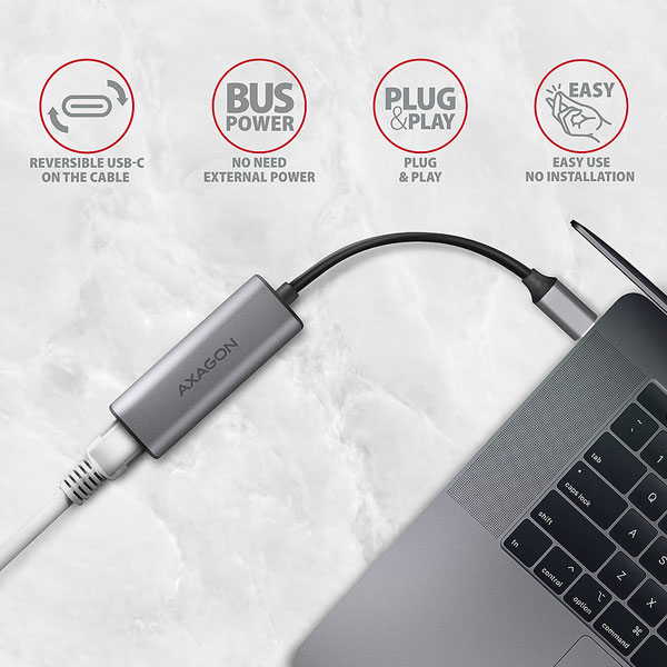 AXAGON ADE-25RC, USB-C 3.2 Gen 1 - 2.5 Gigabit Ethernet hálózati kártya, Realtek 8156, auto install, szürke