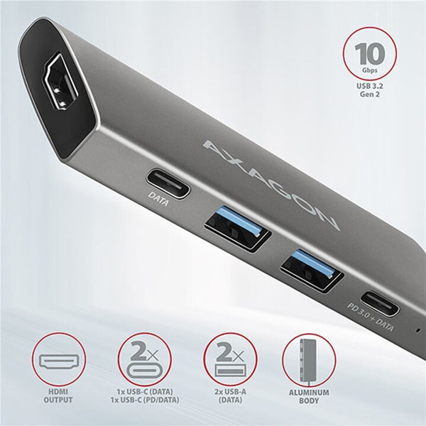 AXAGON HMC-5G2 2x USB-A + 2x USB-C + HDMI, USB-C 3.2 Gen 2 10 Gbps hub, PD 60 W, 13 cm USB-C kábel