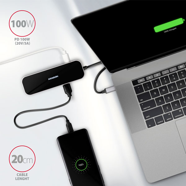 AXAGON HMC-6H4A, USB 3.2 Gen 1 hub, port 4x USB-A, HDMI 4k/30Hz, PD 100W, kábel USB-C 20cm