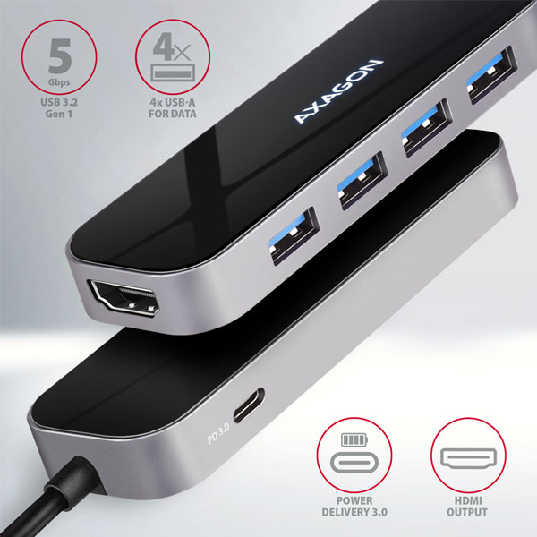 AXAGON HMC-6H4A, USB 3.2 Gen 1 hub, port 4x USB-A, HDMI 4k/30Hz, PD 100W, kábel USB-C 20cm