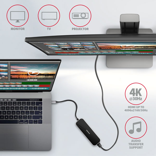 AXAGON HMC-6H4A, USB 3.2 Gen 1 hub, port 4x USB-A, HDMI 4k/30Hz, PD 100W, kábel USB-C 20cm