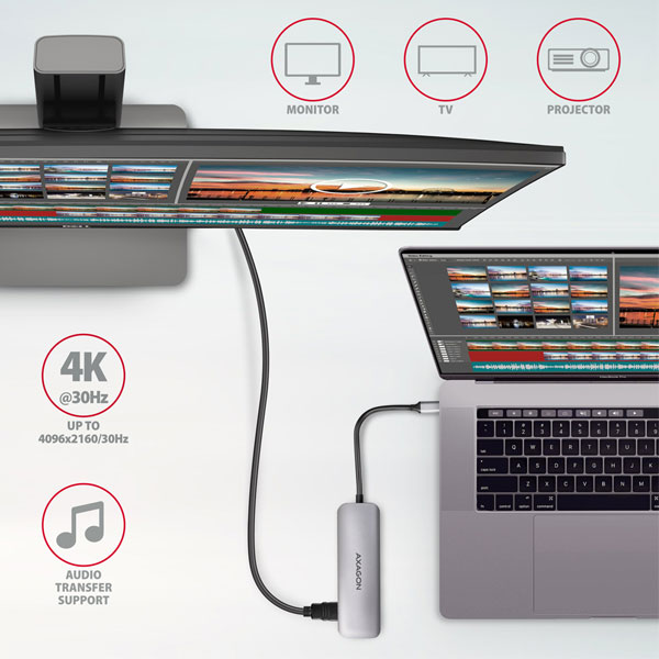 AXAGON HMC-HCR3A 3x USB-A + HDMI + SD/microSD, USB-C 3.2 Gen 1 hub, 20 cm USB-C kábel