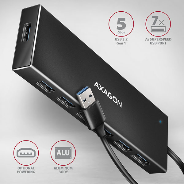 AXAGON HUE-F7A 7x USB 3.2 Gen 1 ALU FLAT hub, micro USB power IN, 1m USB-A kábel