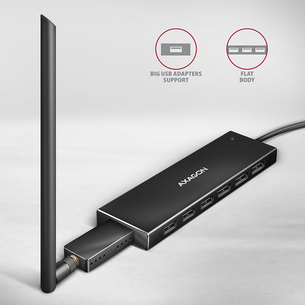 AXAGON HUE-F7C 7x USB 3.2 Gen 1 ALU FLAT hub, micro USB tápcsatlakozó, 30 cm USB-C kábel