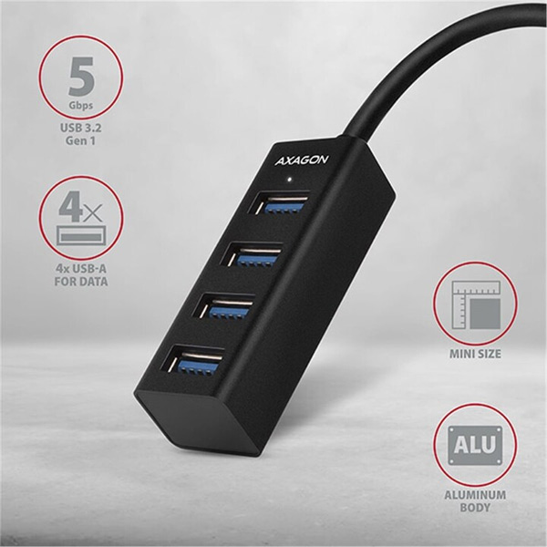 AXAGON HUE-M1C 4x USB3.2 Gen 1 MINI hub, metal, 20 cm USB-C kábel