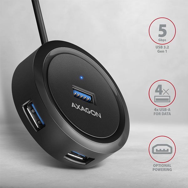 AXAGON HUE-P1AL 4x USB 3.2 Gen 1 ROUND hub, micro USB tápcsatlakozó, 1,2m USB-A kábel