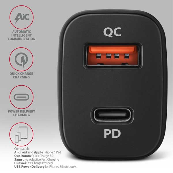 AXAGON PWC-PQ38 autós töltő 1x QC3.0 + 1x PD USB-C, 38W, Fekete